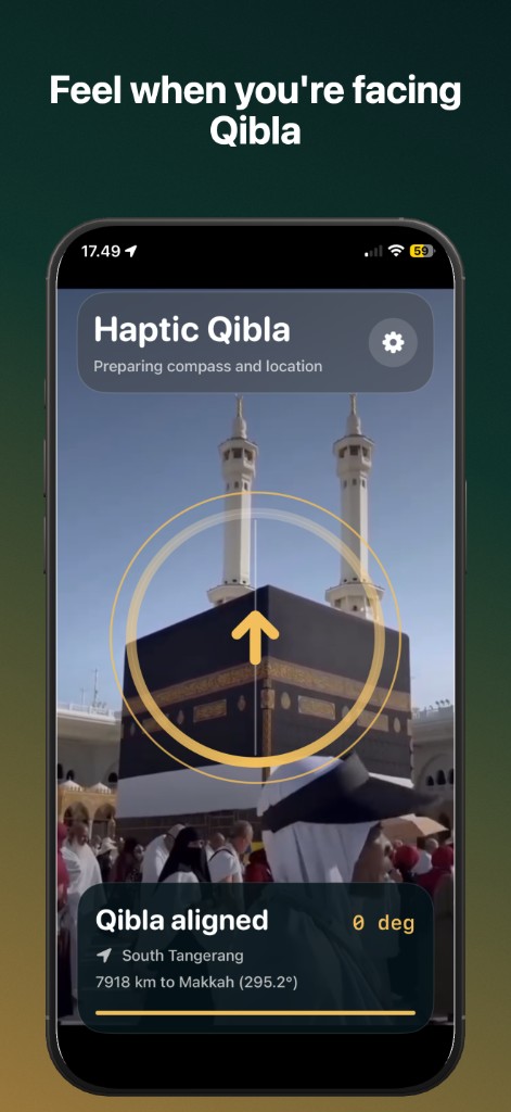 Haptic Qibla showing Qibla aligned at 0 degrees with compass overlay on camera view