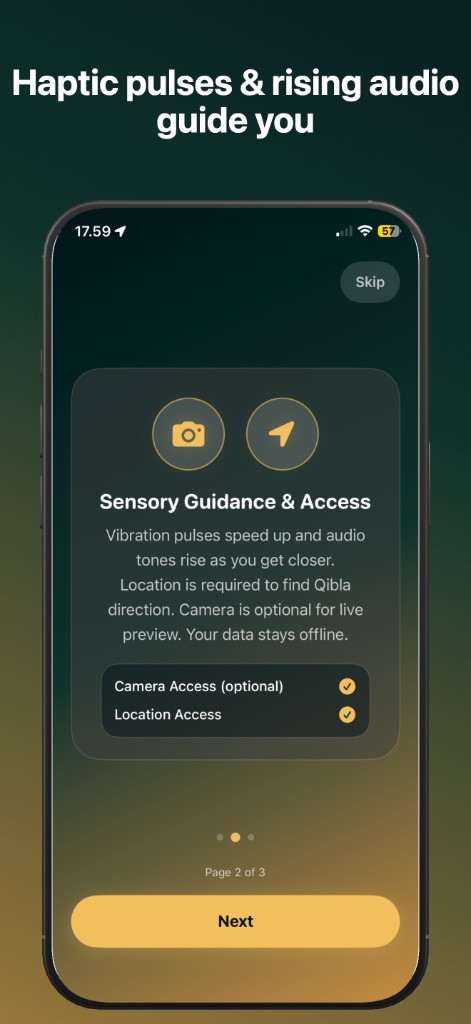 Onboarding screen explaining sensory guidance and permissions