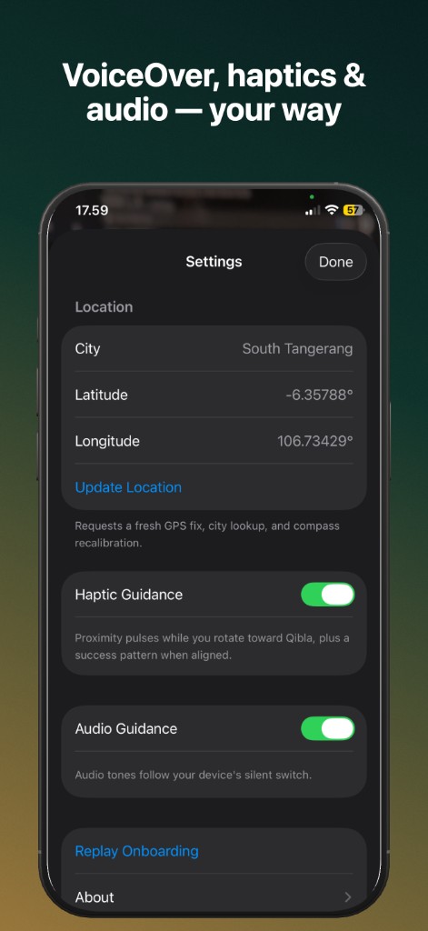 Settings for haptic guidance, audio guidance, and location