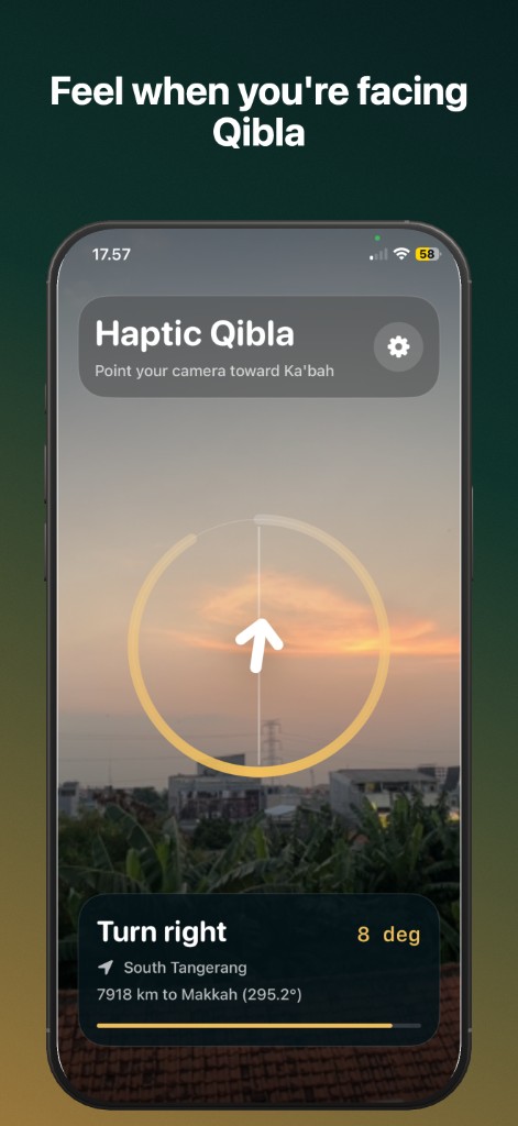 Turn right 8 degrees toward Qibla with compass ring overlay